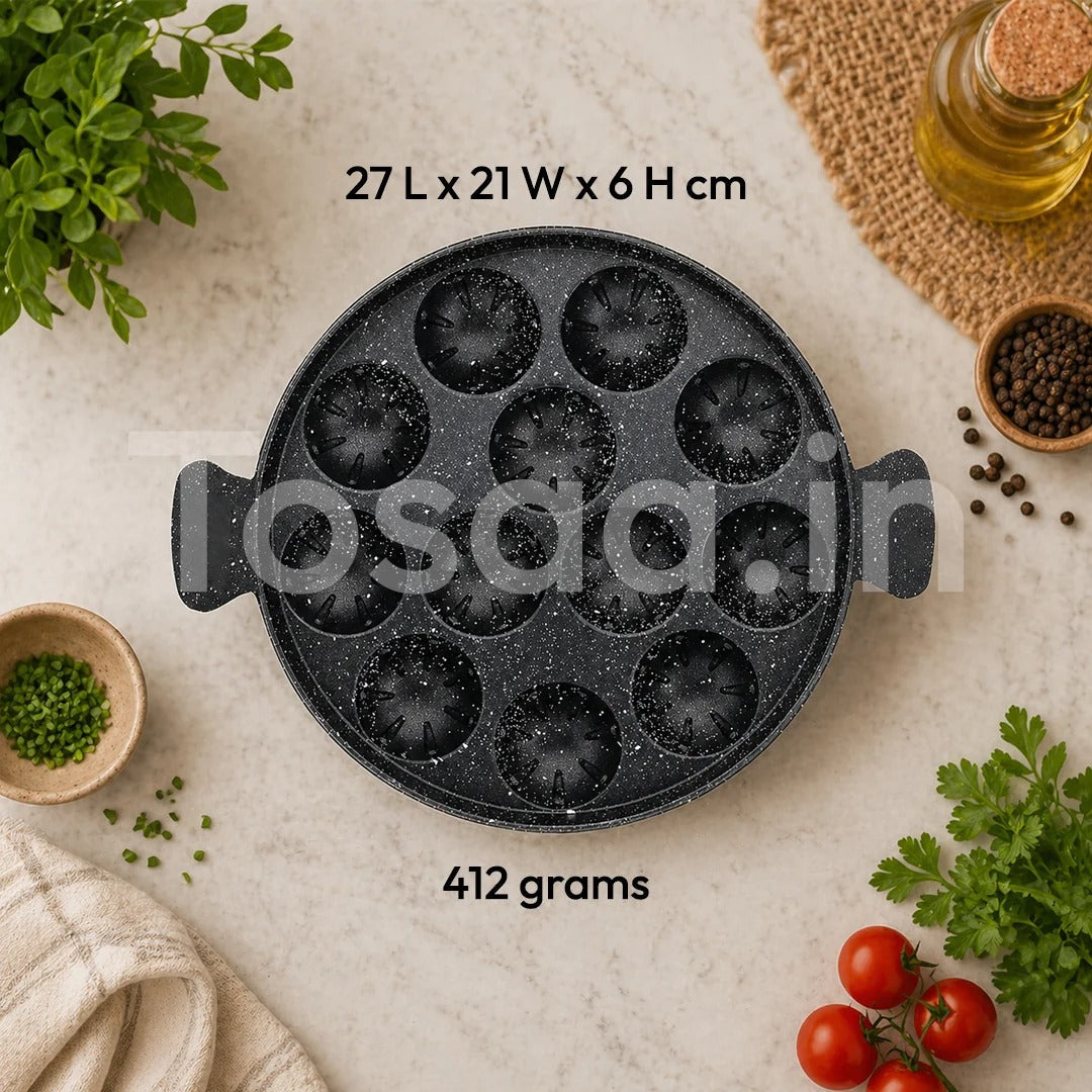 Tosaa Non-Stick Grill Appam 12-Cavity Designer with Stainless Steel Lid Gas Compatible
