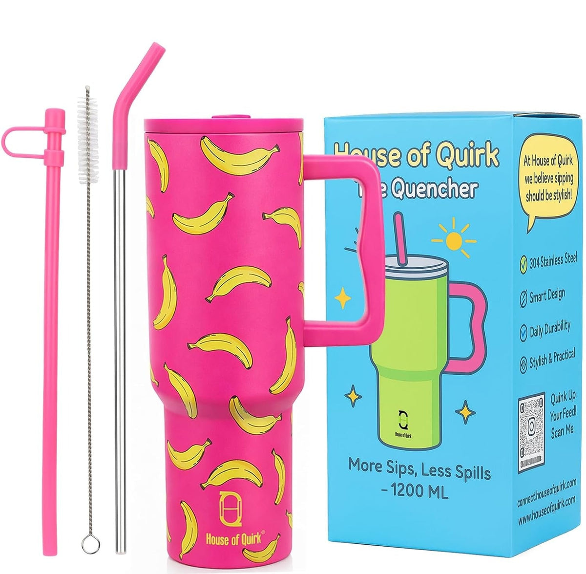 House of Quirk 1200ML Stainless Steel Tumbler with Handle & Lid - Banana Pink