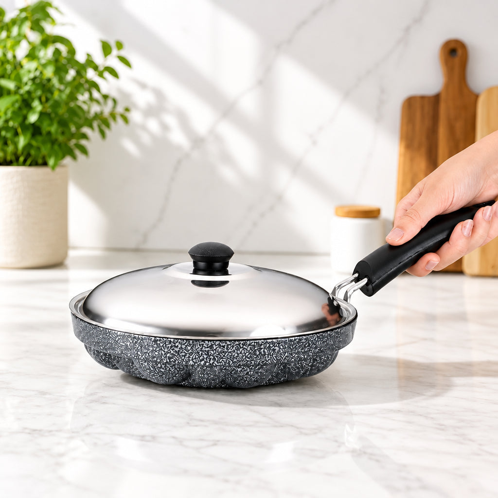 Tosaa Aluminium Non-Stick 12-Cavity Appam Patra with Lid Black 21cm