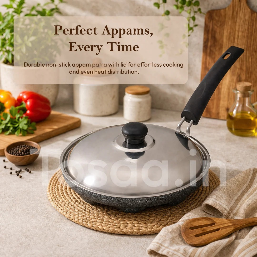 Tosaa Aluminium Non-Stick 12-Cavity Appam Patra with Lid Black 21cm