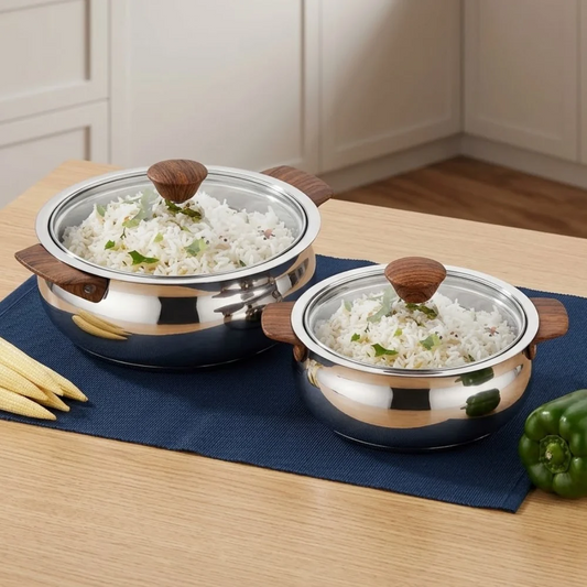 Vinod Stainless Steel Aroma Insulated Casserole with Glass Lid & Wooden Knob Set of 2 (750ml + 1250ml)
