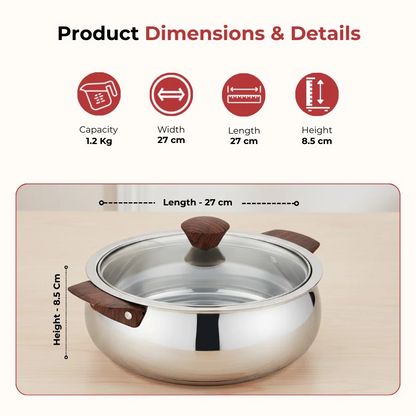 Vinod Stainless Steel Aroma Insulated Casserole with Glass Lid & Wooden Knob Set of 2 (750ml + 1250ml)