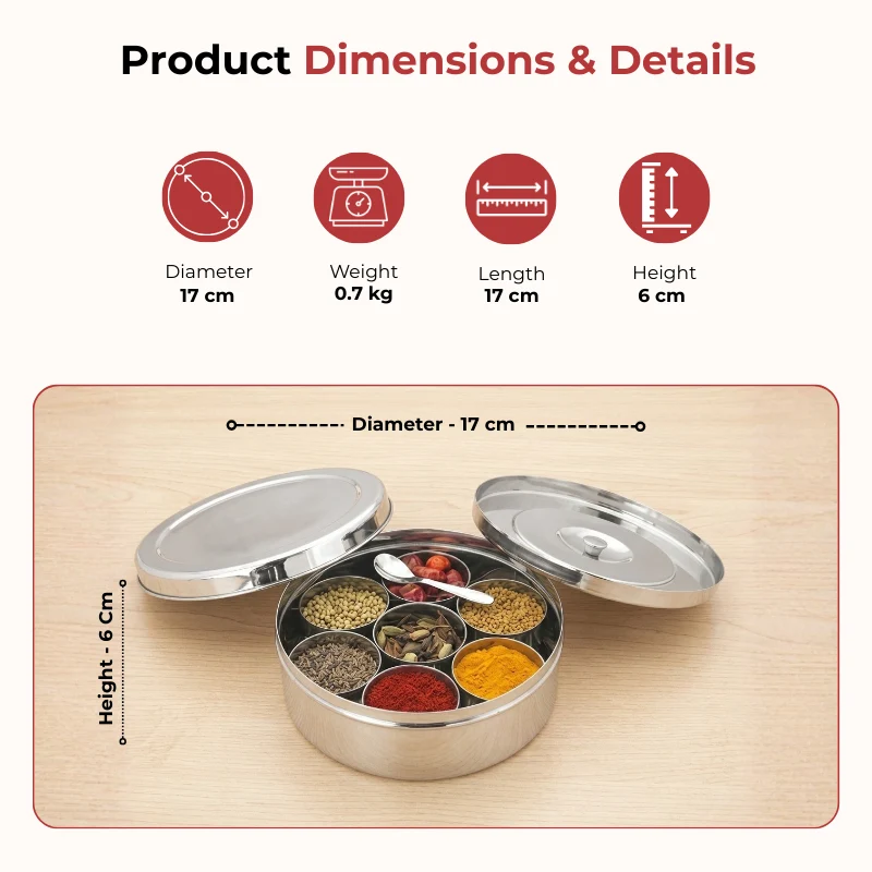 Vinod Stainless Steel Masala Dabba 10 Inch Diameter 6.5 Inch with 7 Containers