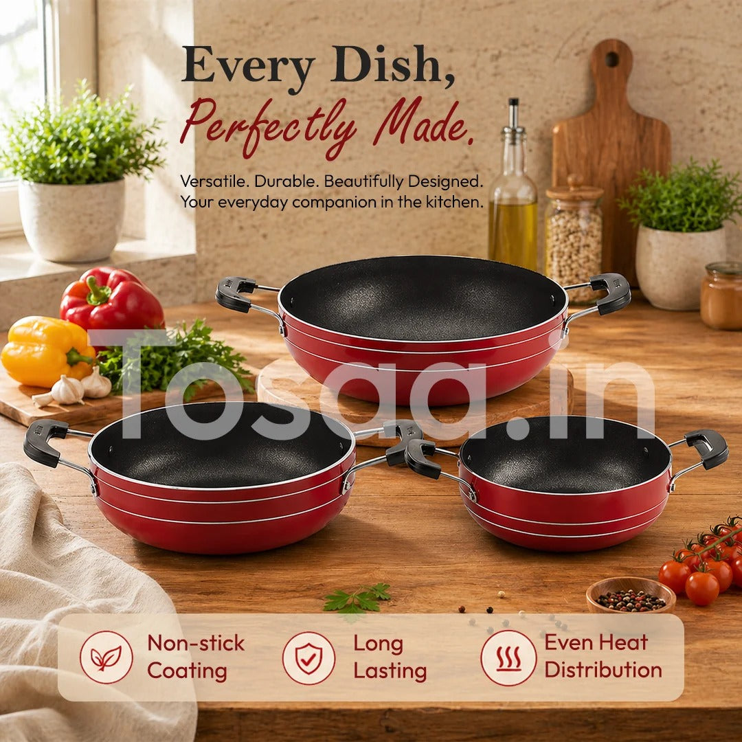 Tosaa Non-Stick Cookware Kadhai Gift Set of 3 Pcs Brown Red (230mm + 180mm + 160mm)