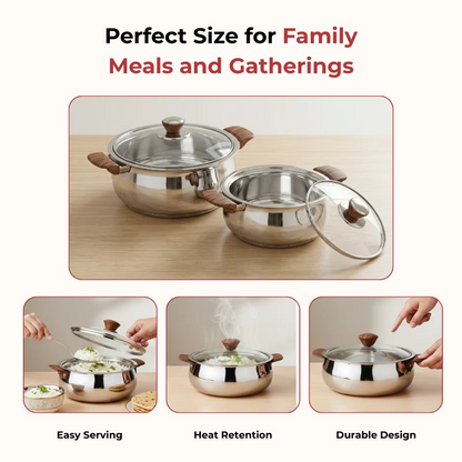 Vinod Stainless Steel Aroma Insulated Casserole with Glass Lid & Wooden Knob Set of 2 (750ml + 1250ml)