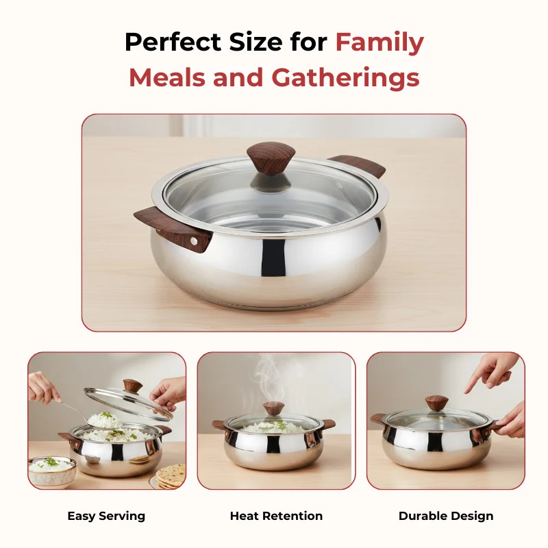 Vinod Stainless Steel Aroma Insulated Casserole with Glass Lid & Wooden Knob 750ml