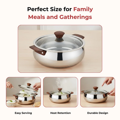 Vinod Stainless Steel Aroma Insulated Casserole with Glass Lid & Wooden Knob 750ml