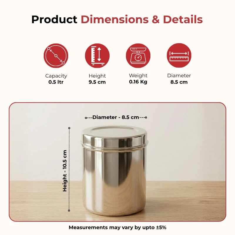 Vinod Stainless Steel Deep Dabba Set of 3 Pieces (350ml + 500ml + 750ml)