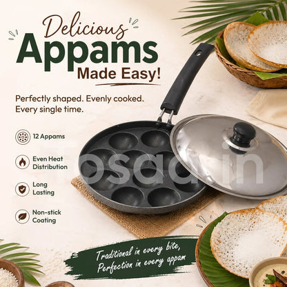 Tosaa Aluminium Non-Stick 12-Cavity Appam Patra with Lid Black 21cm