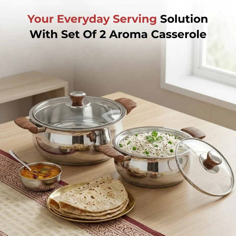 Vinod Stainless Steel Aroma Insulated Casserole with Glass Lid & Wooden Knob Set of 2 (750ml + 1250ml)