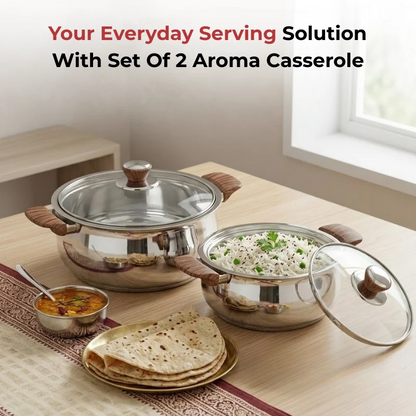 Vinod Stainless Steel Aroma Insulated Casserole with Glass Lid & Wooden Knob Set of 2 (750ml + 1250ml)