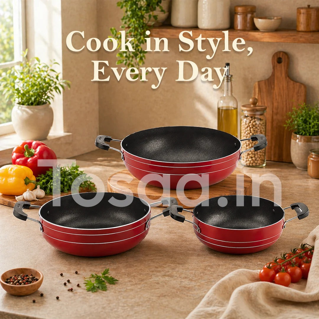 Tosaa Non-Stick Cookware Kadhai Gift Set of 3 Pcs Brown Red (230mm + 180mm + 160mm)