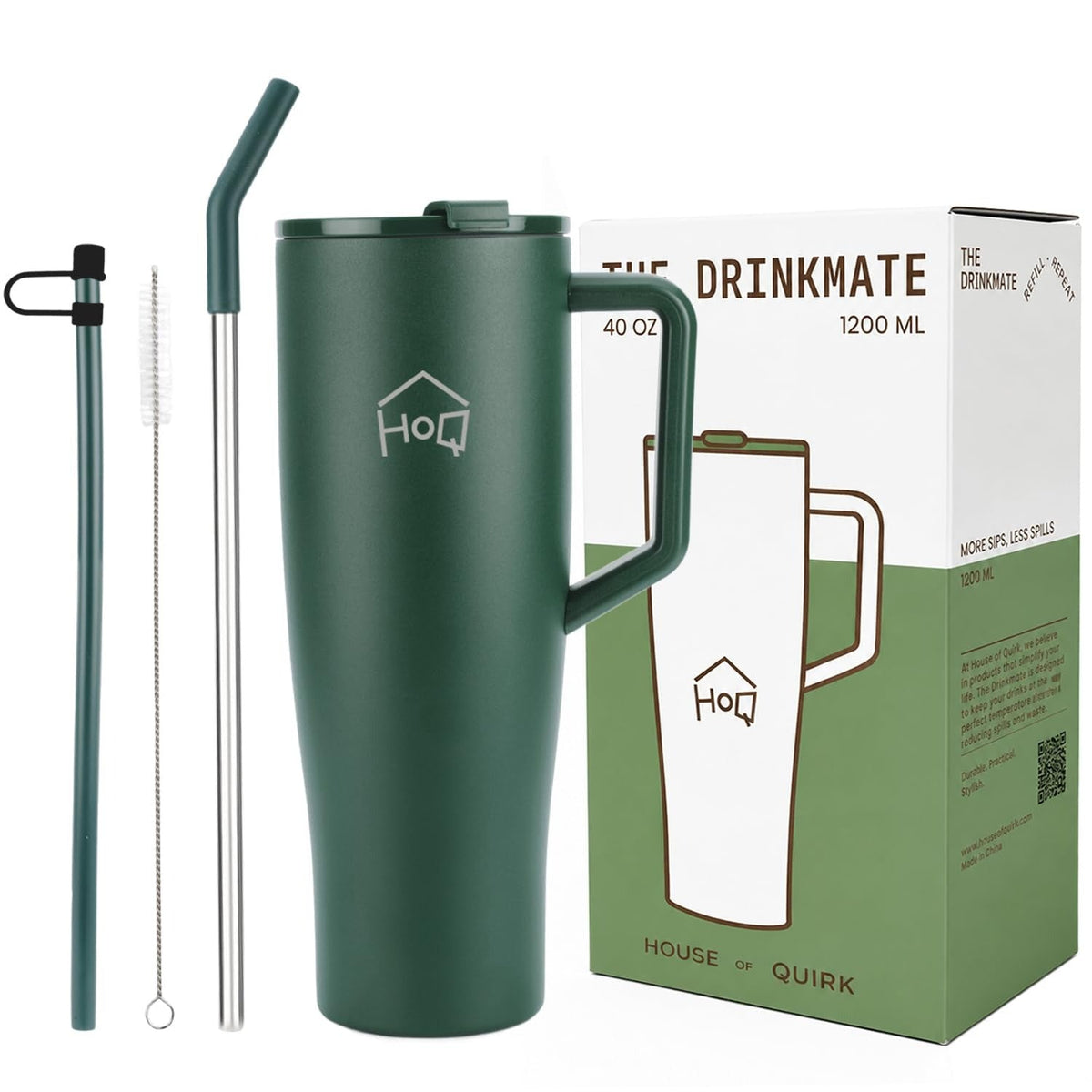 House of Quirk 1200ML Tumbler with Handle and 2 Straw Flip Lid Green