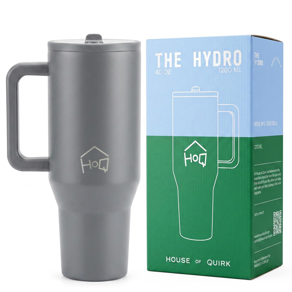 House of Quirk 1200ML Tumbler with Handle & Simple Flip Straw - Carbon