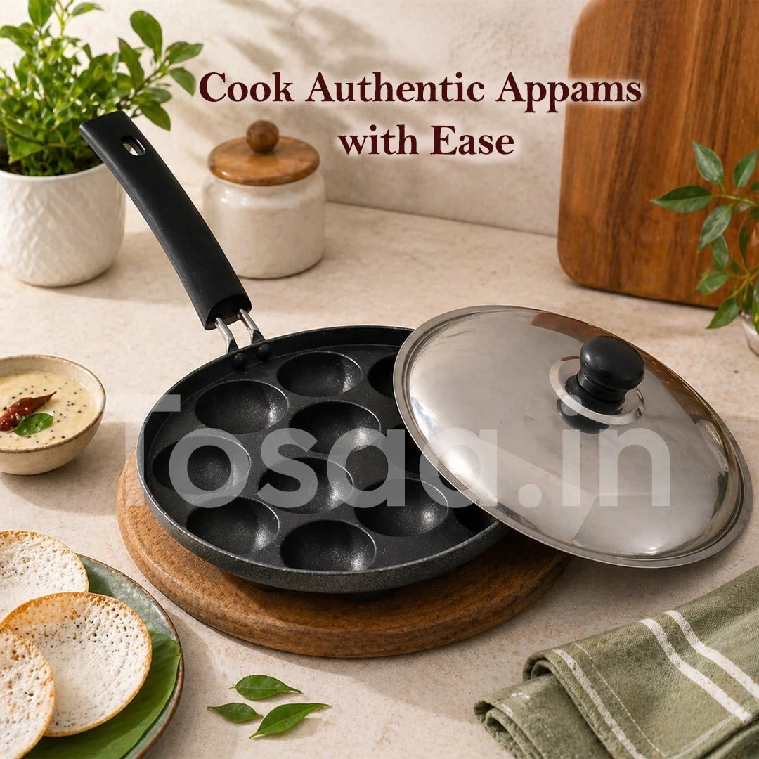 Tosaa Aluminium Non-Stick 12-Cavity Appam Patra with Lid Black 21cm