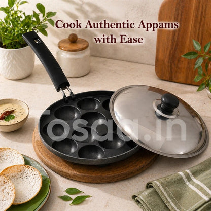 Tosaa Aluminium Non-Stick 12-Cavity Appam Patra with Lid Black 21cm