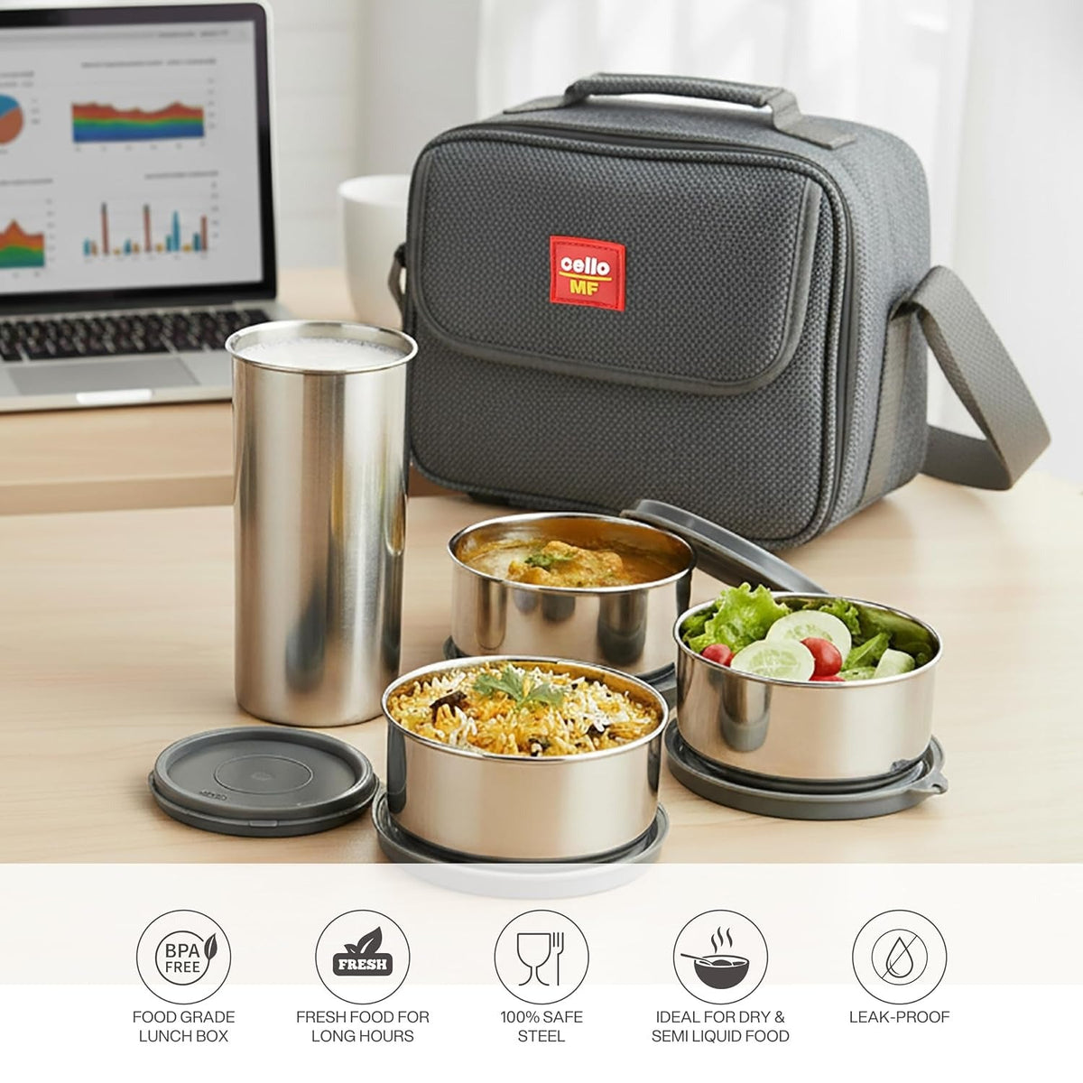 CELLO MF Fab Lunch Box with Bag for Office Use, Grey