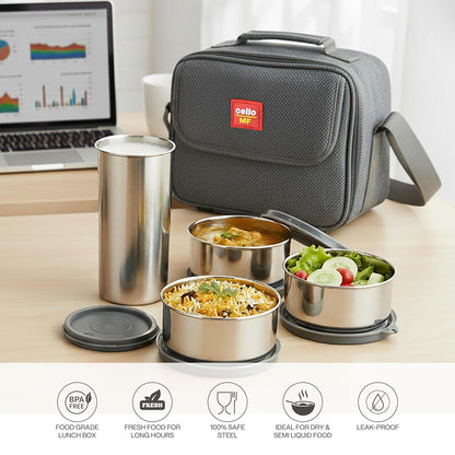 CELLO MF Fab Lunch Box with Bag for Office Use, Grey