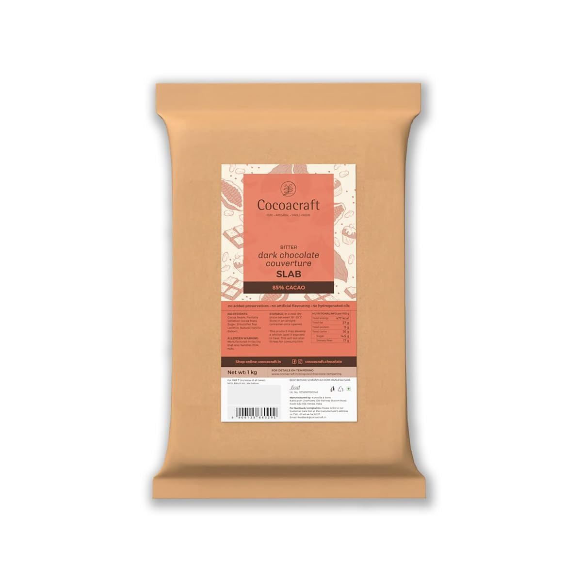 Cocoacraft 85% Bitter Dark Chocolate Couverture Slab Chocolate Bar - 1KG