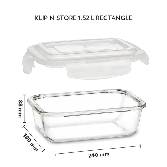 Borosil Colours Blue Rectangle Klip N Store Glass Container 1.52L