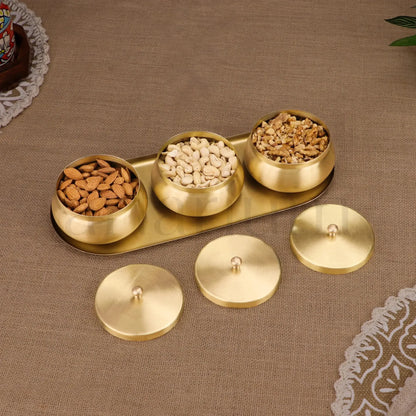 Artarium Brass Nut Bowl Set of 3 with Lids and Tray