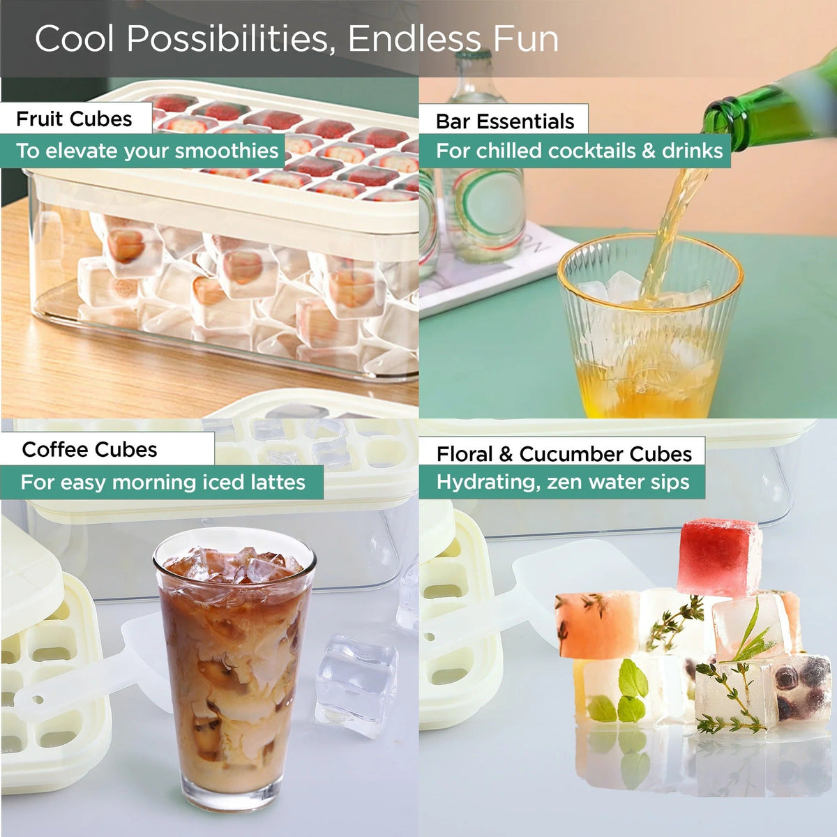 UMAI 2 Layer Ice Cube Trays with Storage Box & Ice Scoop | 56 Compartments | BPA Free | Green