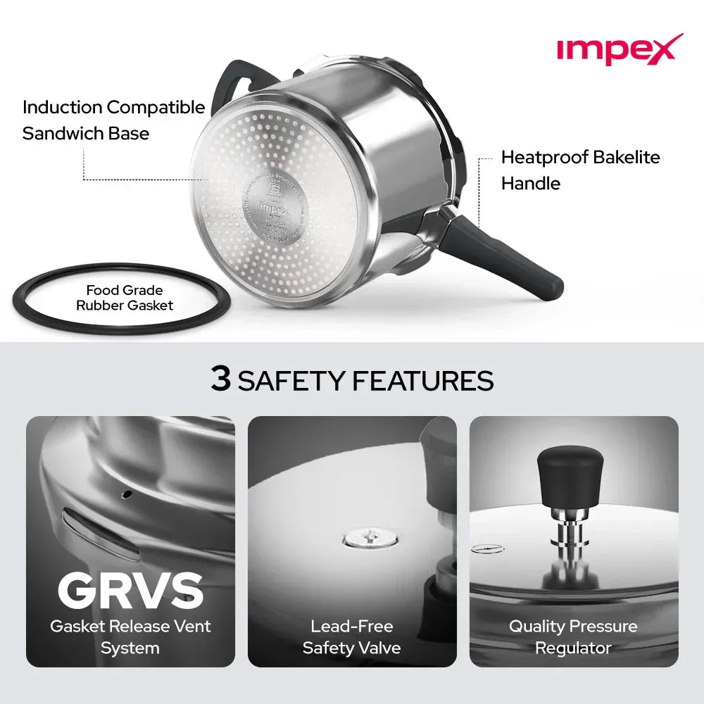 Impex EP 2 Litre Stainless Steel Pressure Cooker Induction Base Sandwich Bottom Silver