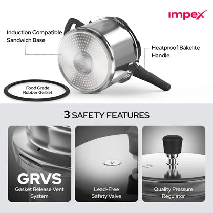 Impex EP 2 Litre Stainless Steel Pressure Cooker Induction Base Sandwich Bottom Silver