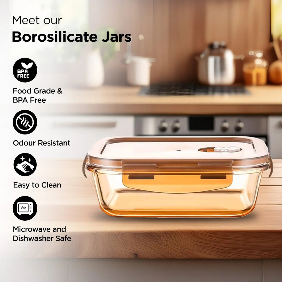 UMAI Pack of 3 Borosilicate Containers | 600ml Each | Airvent Lid | Amber | Fridge Storage