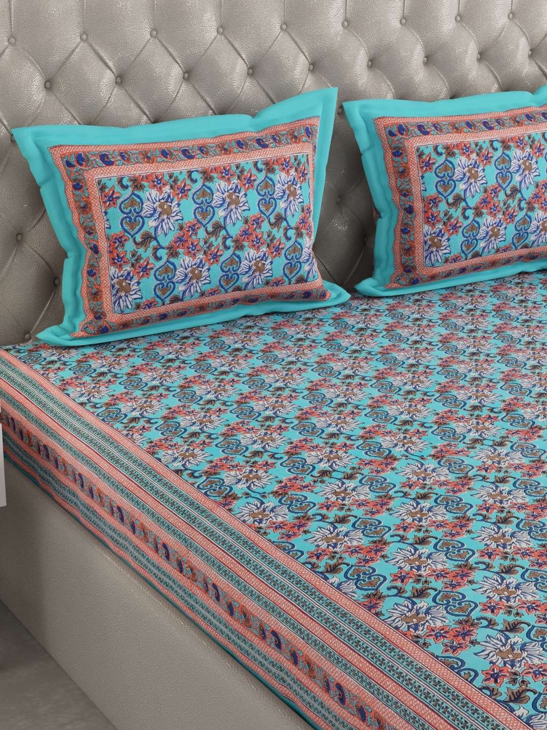 100% Pure Cotton Traditional Printed Bedsheet for Double Bed King Size Bedsheet with 2 Pillow Covers
