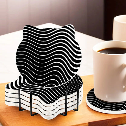 UMAI Unique Tea Coaster Set of 6 10cm 9mm Thick Black White Non Slip Mat Housewarming Gift