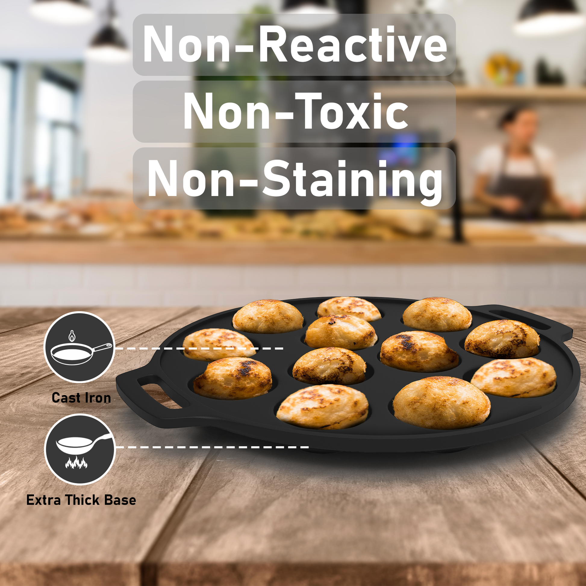 Esspy 12 Pit Pre-Seasoned Cast Iron Paniyaram Pan With Silicon Handle & Glass Lid| Non-stick | Induction Friendly | Appe/Paddu Pan | 100% Pure & Toxin-Free | Gunta Ponganalu/Paddu | Cast Iron Cookware