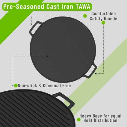 Esspy Pre-Seasoned Cast Iron 2 in 1 Grill and Griddle Pan & Dosa Tawa With Silicon Handle | Iron Cookware for Kitchen | Roti Tawa | Cast Iron Grill Pan | Iron Tava Big Size