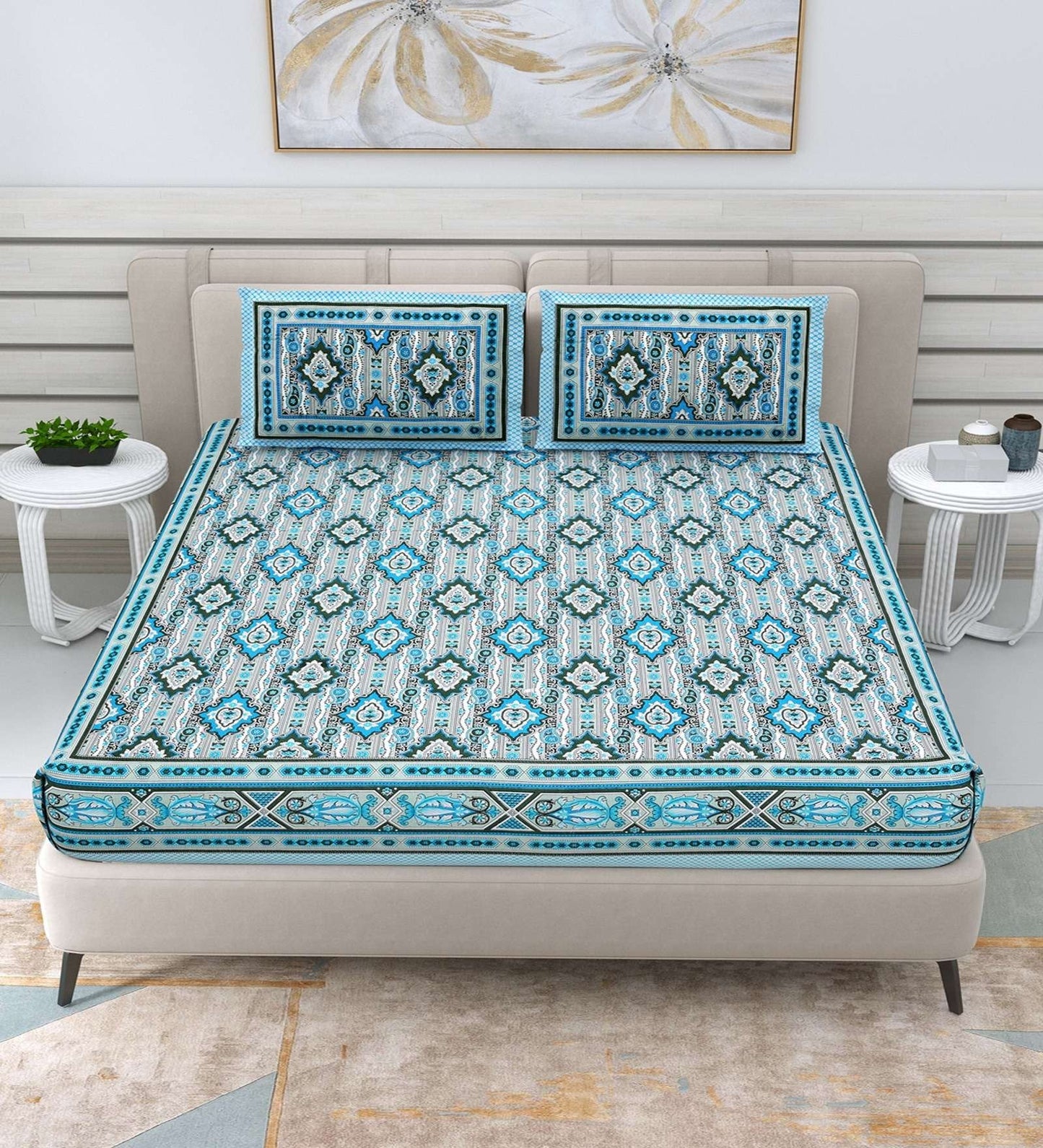 100% Pure Cotton Traditional Printed Bedsheet for Double Bed King Size Bedsheet with 2 Pillow Covers