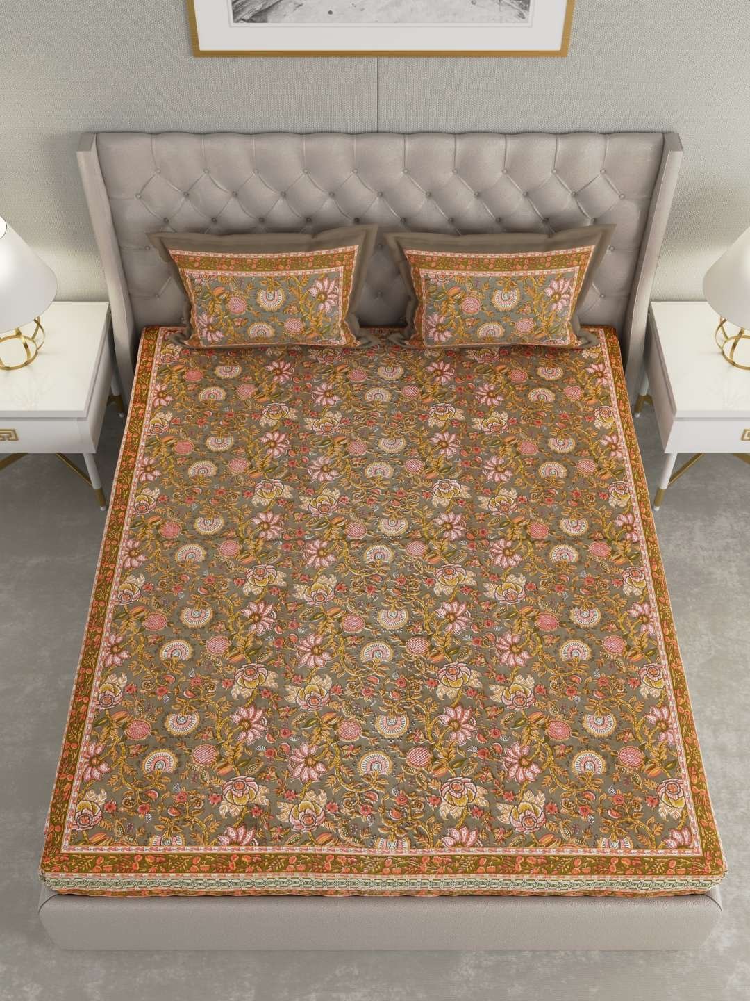 100% Pure Cotton Traditional Printed Bedsheet for Double Bed King Size Bedsheet with 2 Pillow Covers