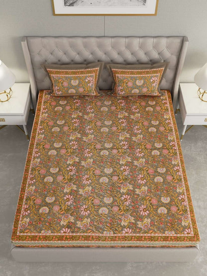 100% Pure Cotton Traditional Printed Bedsheet for Double Bed King Size Bedsheet with 2 Pillow Covers