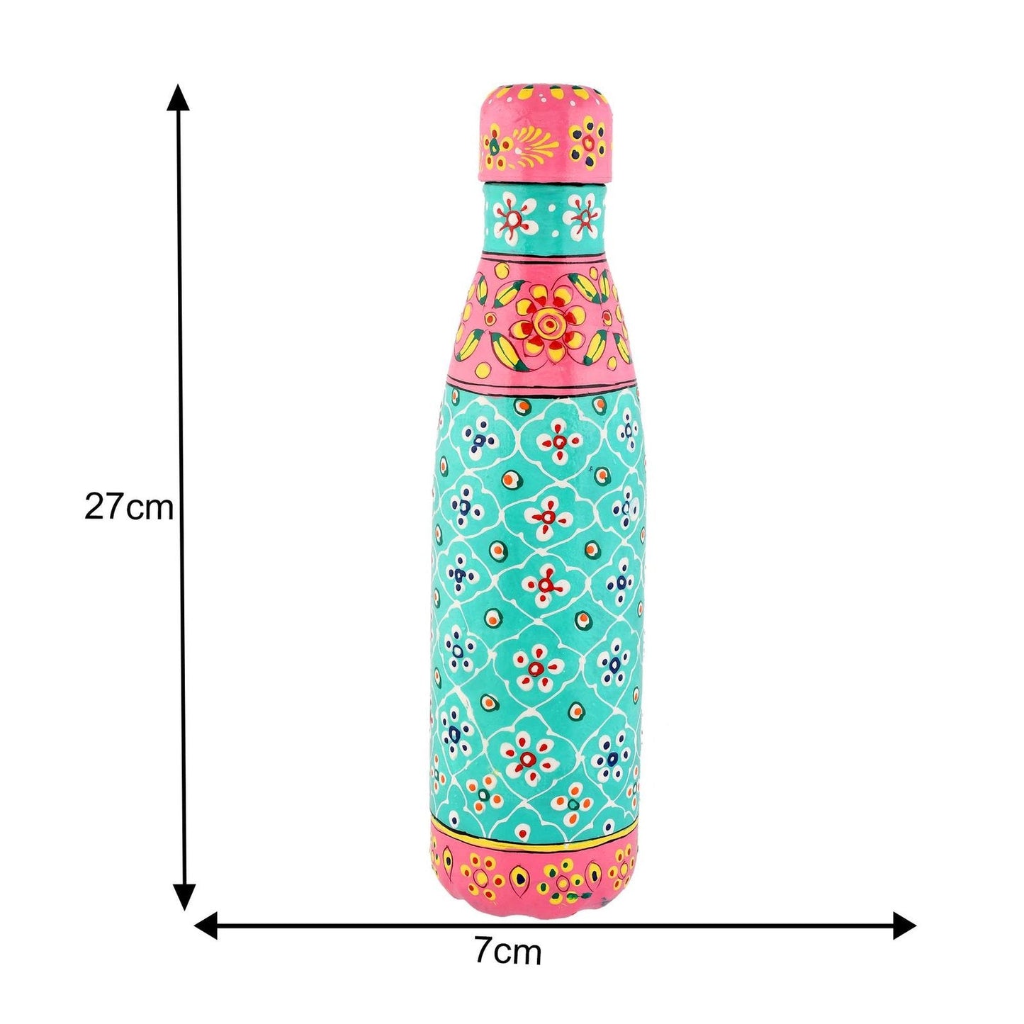 Premium Hand-Painted Pink & Teal Aluminium Water Bottle Flask with Floral Design