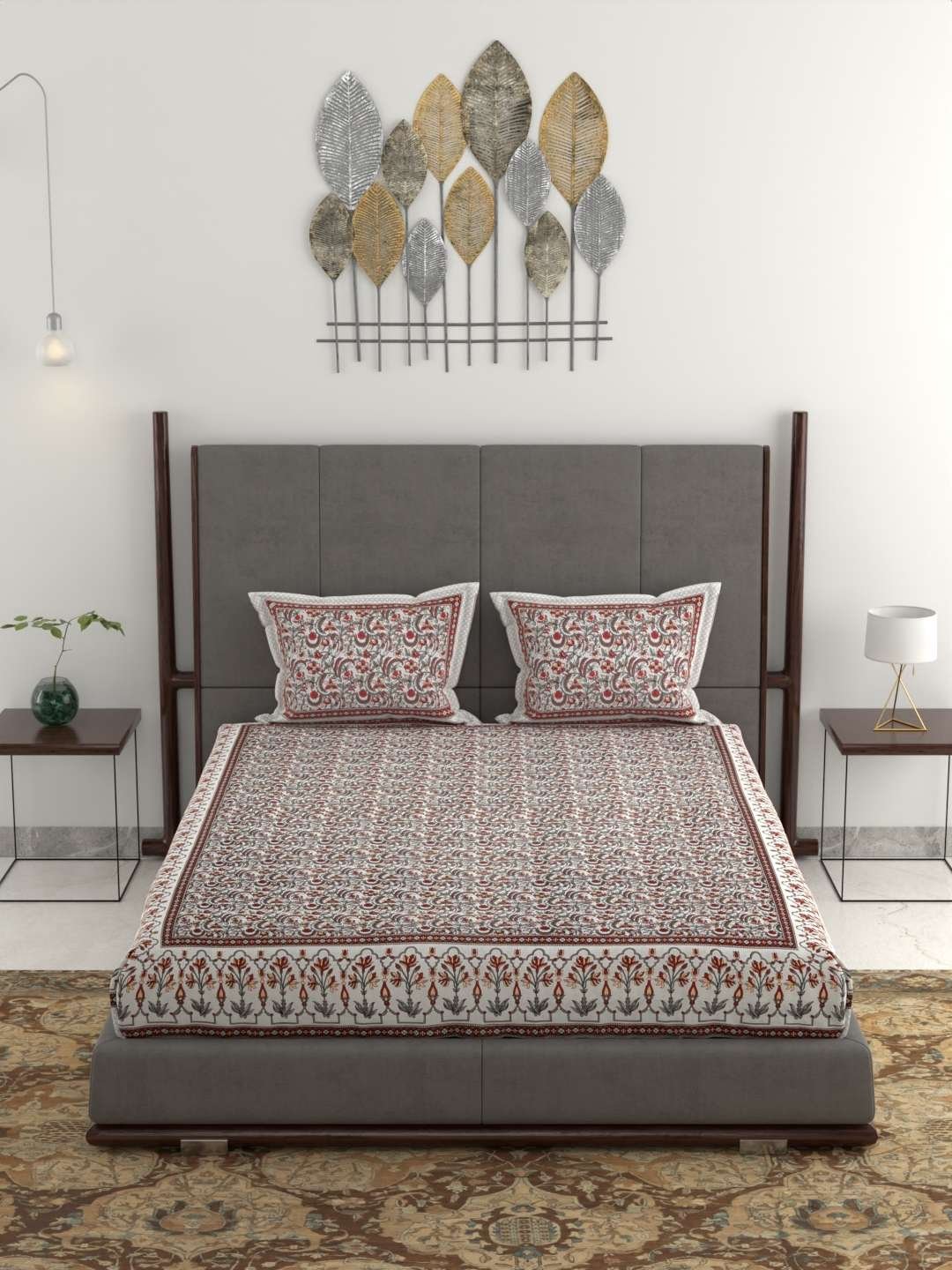 100% Pure Cotton Traditional Printed Bedsheet for Double Bed King Size Bedsheet with 2 Pillow Covers