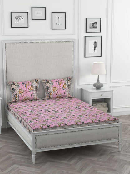 100% Pure Cotton Traditional Printed Bedsheet for Double Bed King Size Bedsheet with 2 Pillow Covers