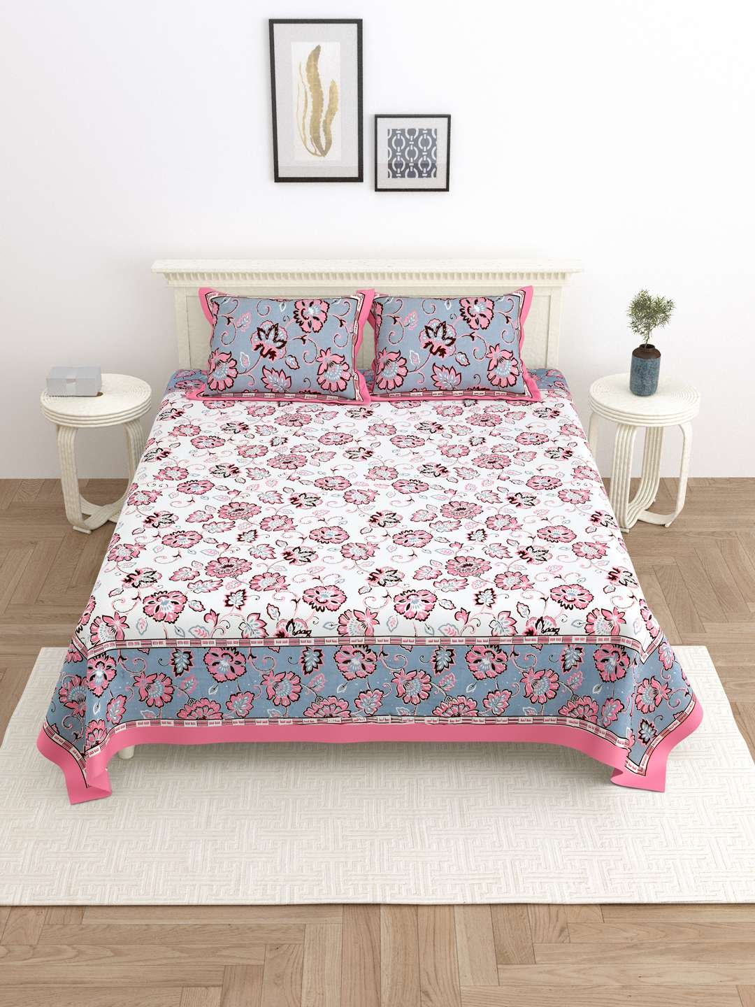 100% Pure Cotton Traditional Printed Bedsheet for Double Bed King Size Bedsheet with 2 Pillow Covers
