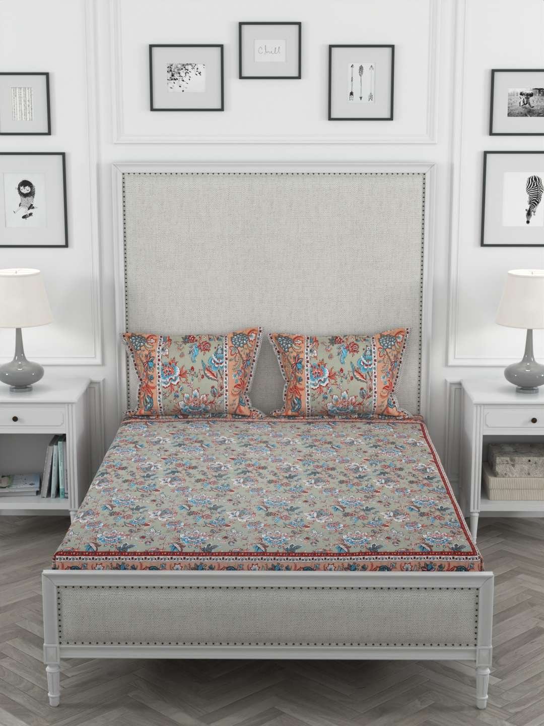 100% Pure Cotton Traditional Printed Bedsheet for Double Bed King Size Bedsheet with 2 Pillow Covers