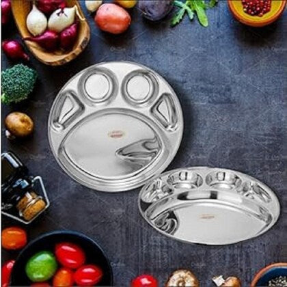 Jaggery Stainless Steel 5 in 1 Round Compartment Tray Deep katori Divided Dinner Plate 11 Inch Set of 2
