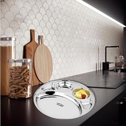 Jaggery Stainless Steel 5 in 1 Round Compartment Tray Deep katori Divided Dinner Plate 11 Inch Set of 2