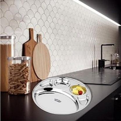 Jaggery Stainless Steel 5 in 1 Round Compartment Tray Deep katori Divided Dinner Plate 11 Inch Set of 2