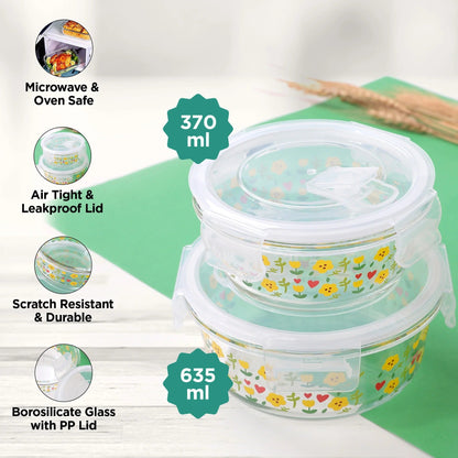 UMAI Pack of 2 Borosilicate Kitchen Containers | 370ml & 635ml | Airvent PP Lid | Airtight