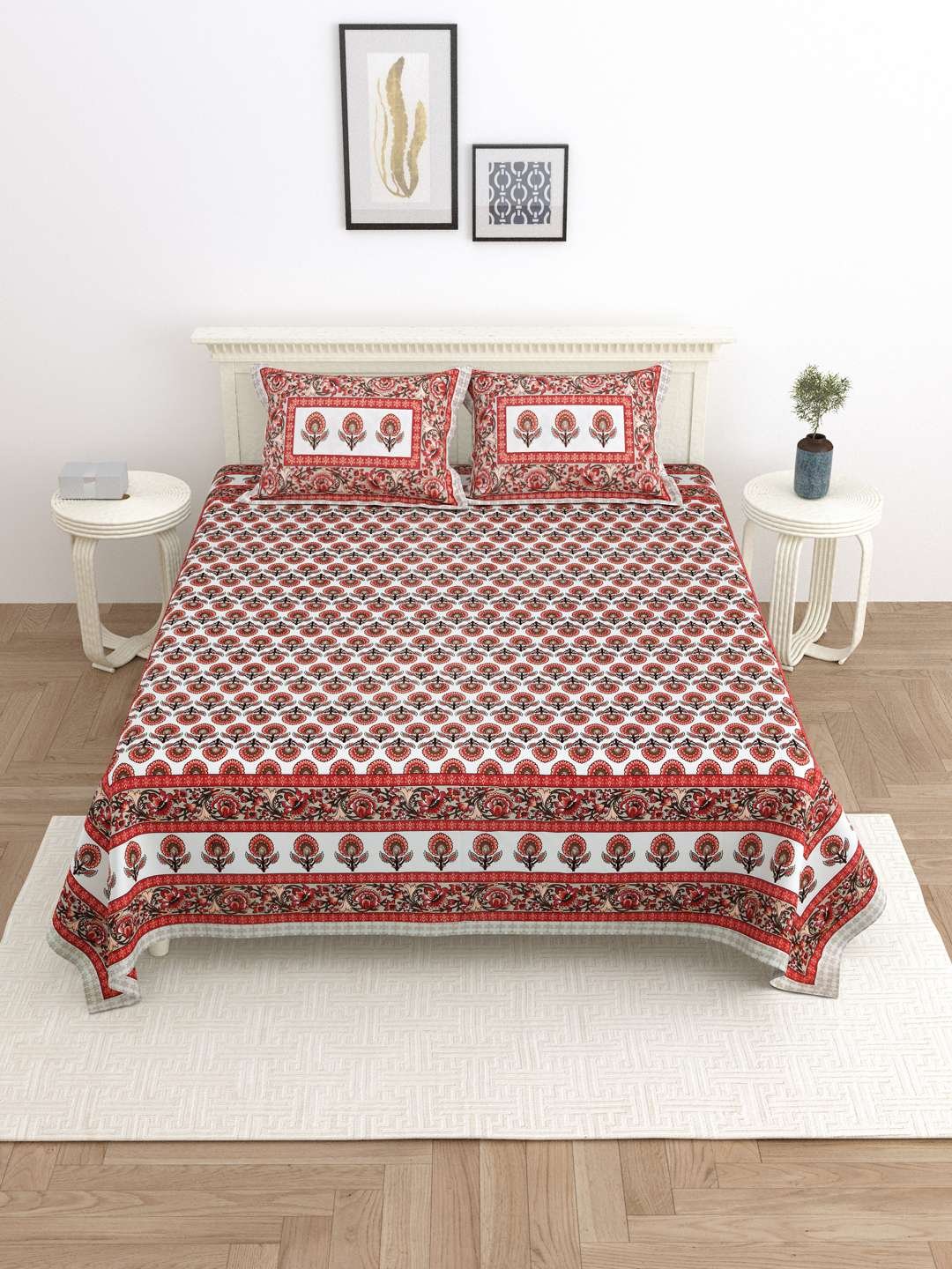 100% Pure Cotton Traditional Printed Bedsheet for Double Bed King Size Bedsheet with 2 Pillow Covers