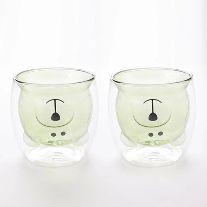 Kuber Industries 6 Pcs Cute Teddy Bear Borosilicate Double Wall Glass Cups 250ml | Pack of 3 | Green