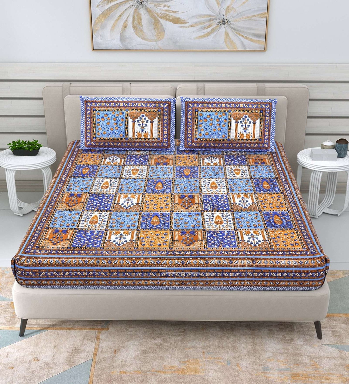 100% Pure Cotton Traditional Printed Bedsheet for Double Bed King Size Bedsheet with 2 Pillow Covers
