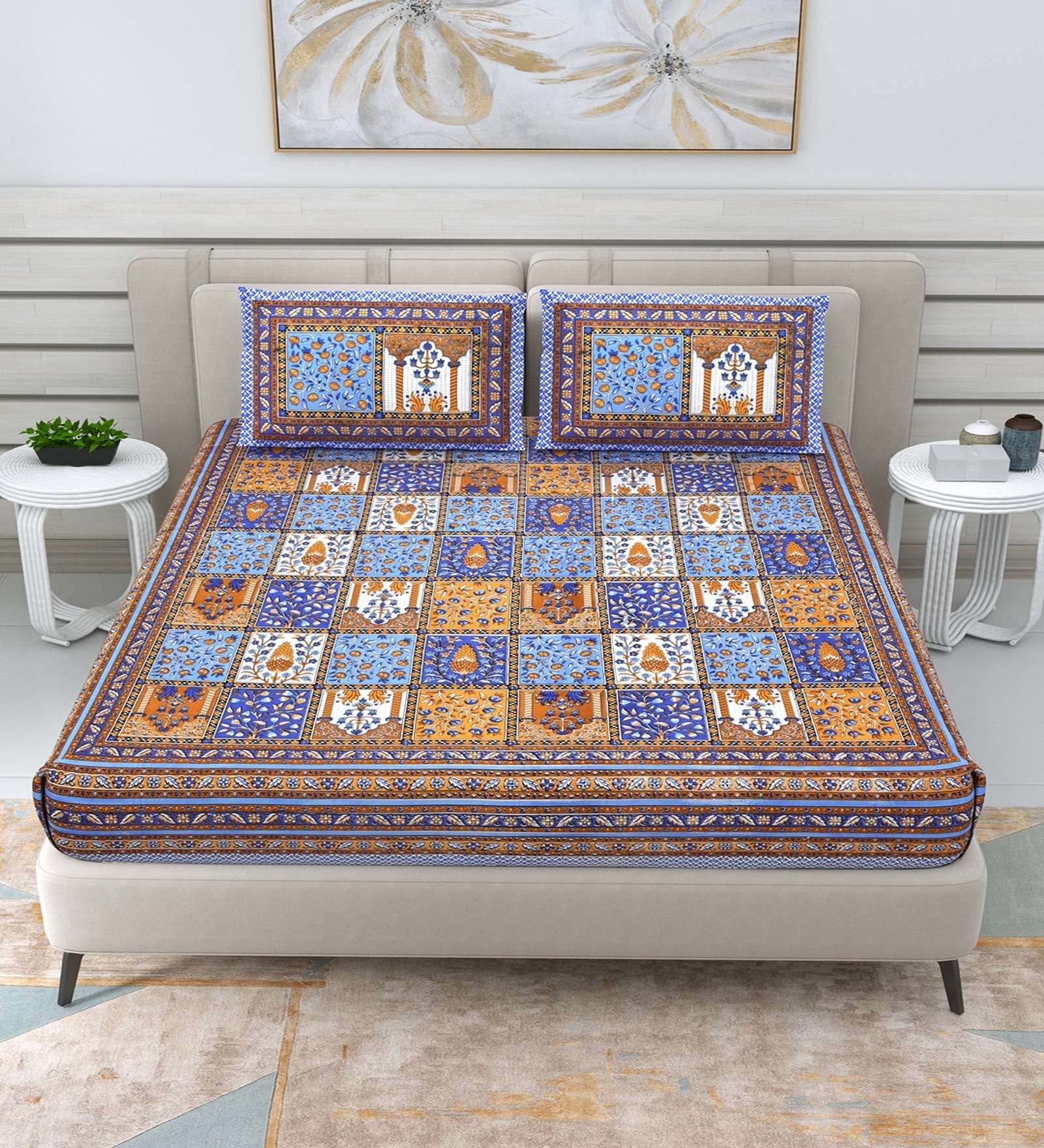 100% Pure Cotton Traditional Printed Bedsheet for Double Bed King Size Bedsheet with 2 Pillow Covers