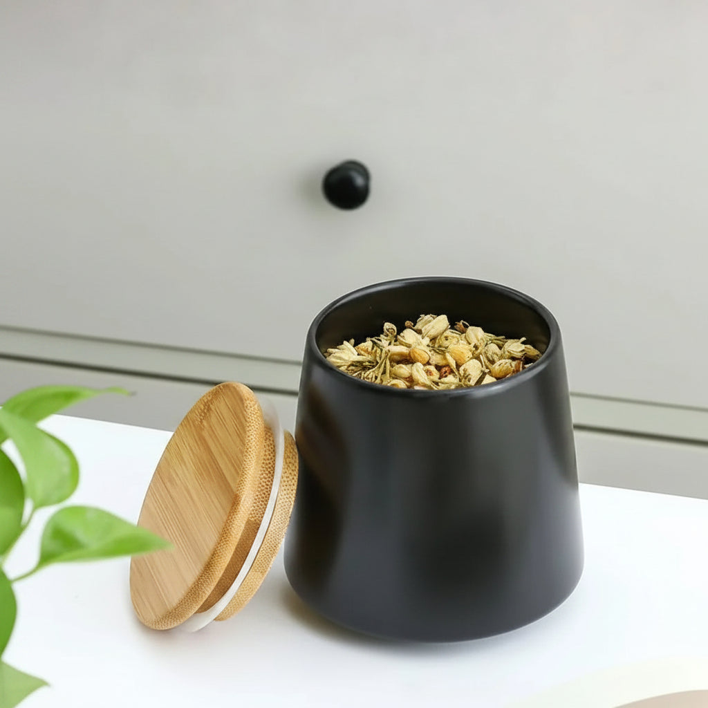UMAI 3pcs Ceramic Jar Set | 500ml 700ml 850ml | Bamboo Lid & Tray | Black